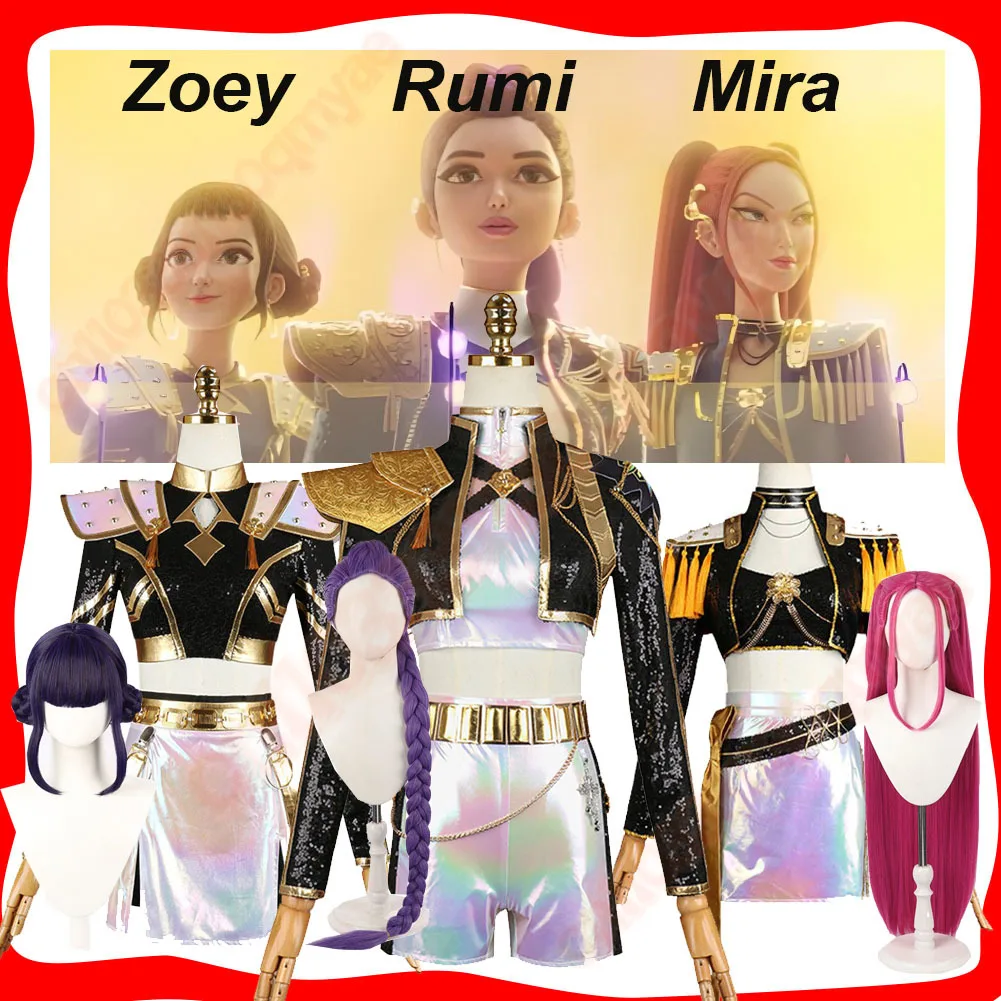 رومي زوي ميرا تأثيري الذهب الأسود زي شعر مستعار شيطان الصيادين الكرتون KPop النساء الفتيات لعب الأدوار الملابس حفلة الهالوين كرنفال