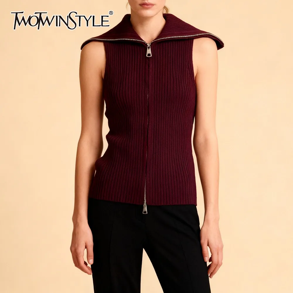 

TWOTWINSTYLE Solid Minimalist Basics Vest for Women Lapel Sleeveless Patchwork Double Zipper Slim Casual Knitted Tank Top Female