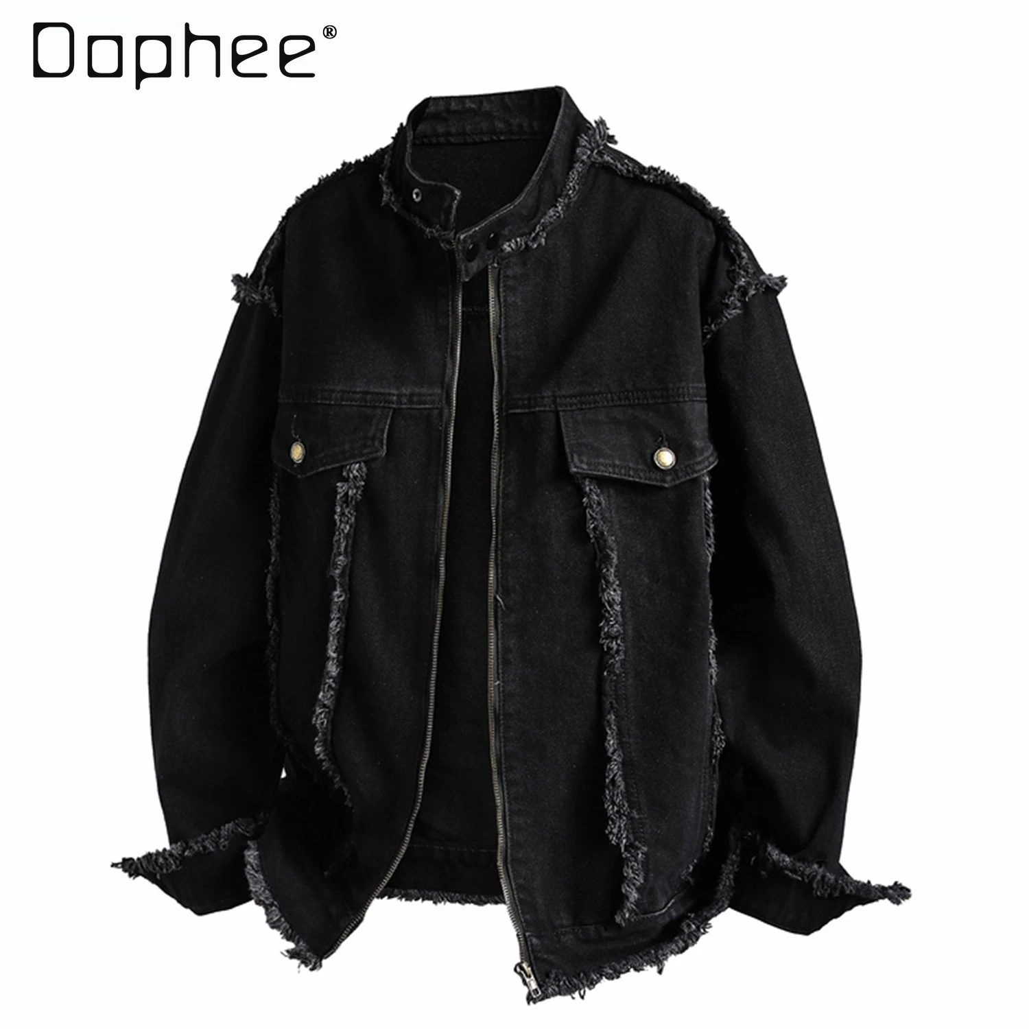

2025 Spring and Autumn New Dark Style Cool Stand Collar Frayed Jacket American Street Style Men's Black Denim Coat