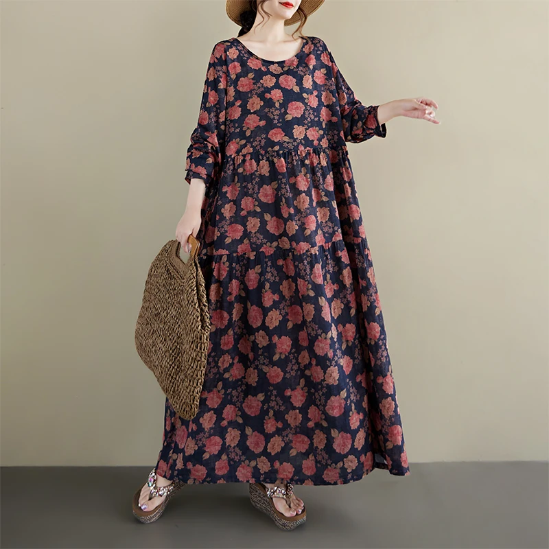 

Ретро-платье в богемном стиле для женщин больших размеров, новинка весна-осень, с коротким рукавом, плиссированной юбкой, длинное, подходит для прогулок по городу