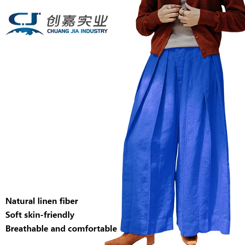 

Natural Pure Linen Women's Nine-point Pants Dark Green Wide-leg Pants Outdoor Tourism Temperament Loose Plus Size Fat Girl Weigh