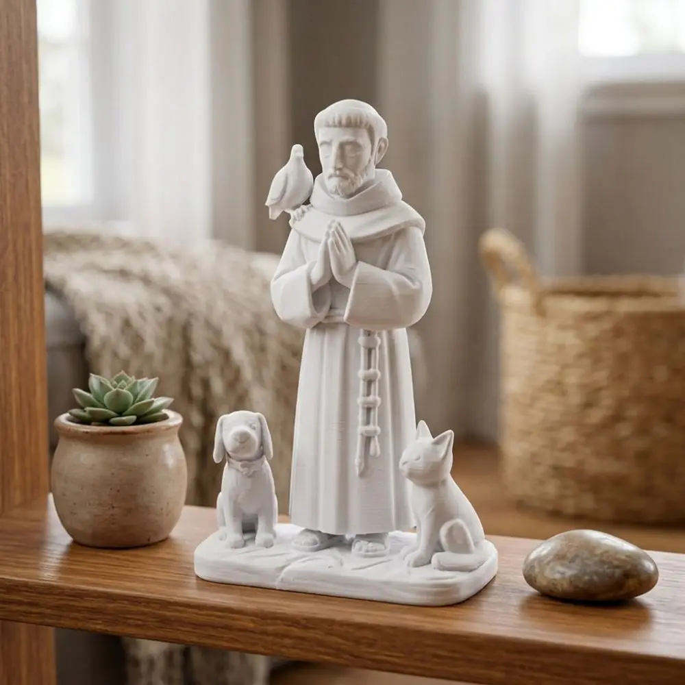 3D Printed Saint Francis Statue Praying Hand Pose Catholic Theme St Francis Sculpture Sacred Animal Companion