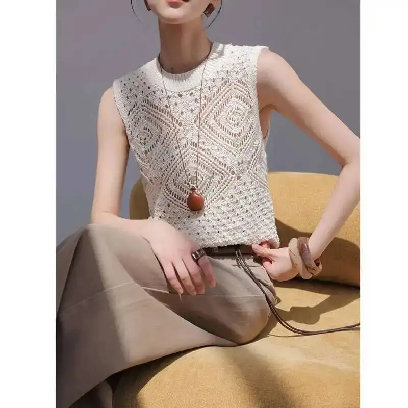 

Women Hollow Out Tank Tops Summer Round Neck Crochet Sleeveless Knitted Tops