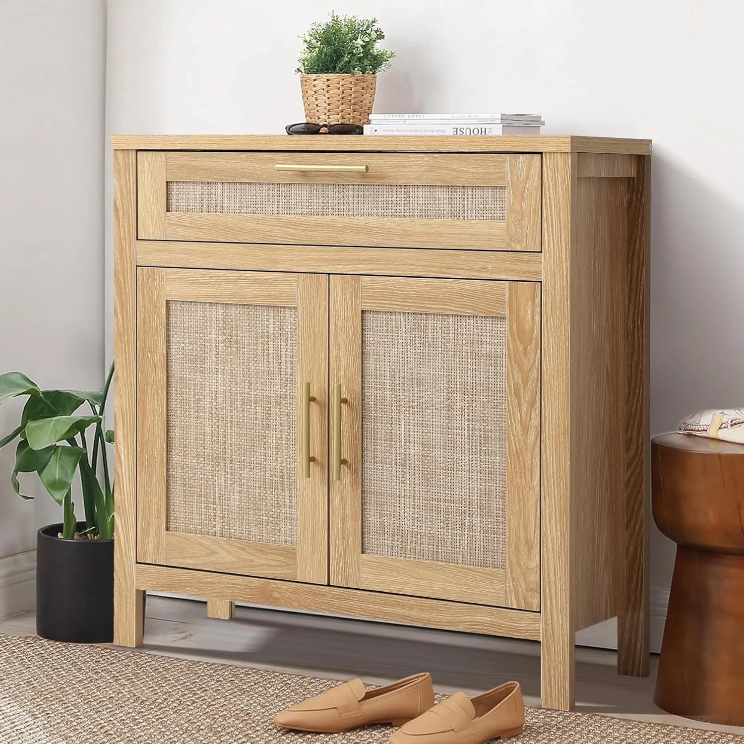 Small Rattan Sideboard Buffet Cabinet Adjustable Shelf Storage Doors Drawer Entryway Living Room Narrow Hallway, Customized
