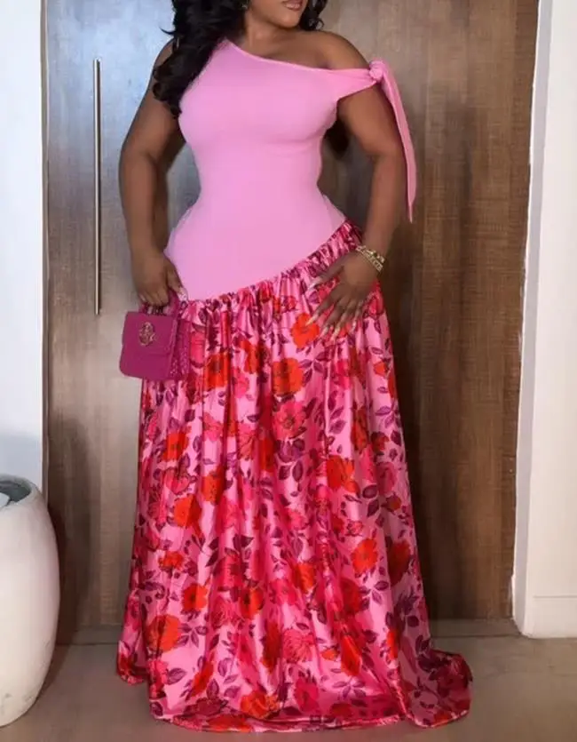 

Womens Dresses 2025 New Satin Floral Print Spliced Cold Shoulder Sleeveless Bow Tie Shoulder Party Dress Ruched Vacation Dress