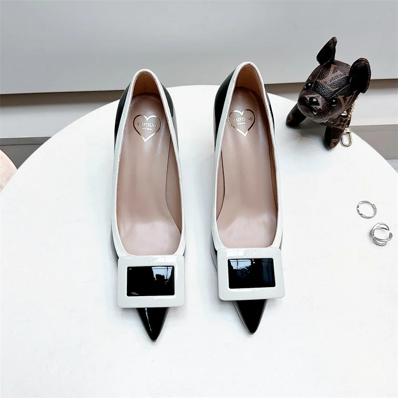 

2025 Nude patent leather high heels Metal Buckles Shallow Mouth Pointed Toe Stiletto Pumps Luxury Comfortable Party Women Shoes