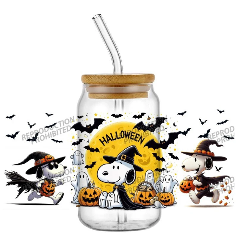 الأشعة فوق البنفسجية DTF نقل ملصق سنوبي سلسلة الهالوين ل 16 أوقية Libbey نظارات يلتف الزجاجات يمكن DIY بها بنفسك الشارات المخصصة للماء