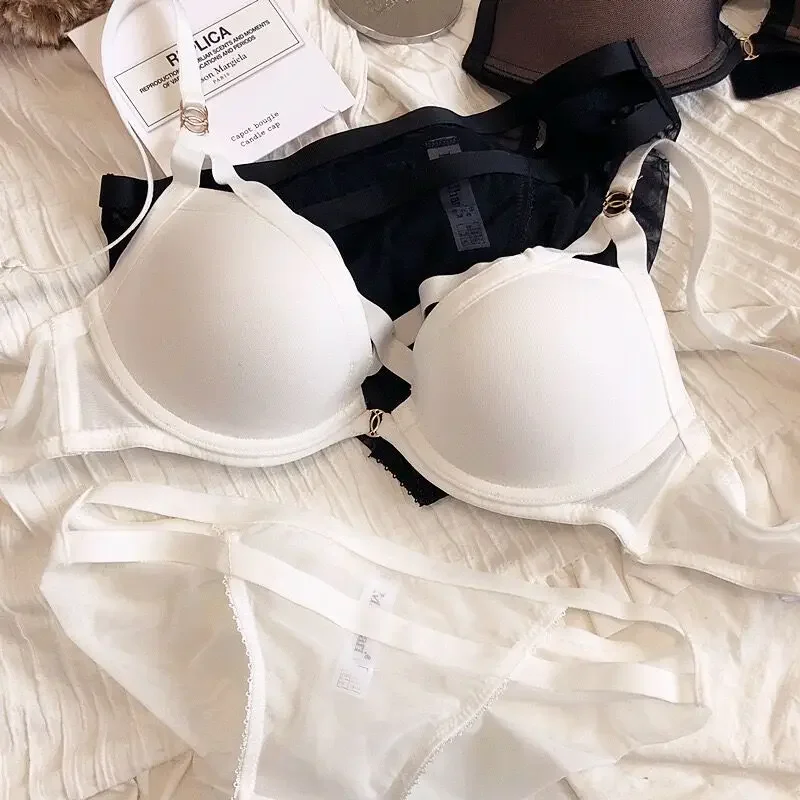 

Sexy lingerie briefs mesh bandage design ladies underwear upper thin and lower thick bra set plus size gather bra and panty set