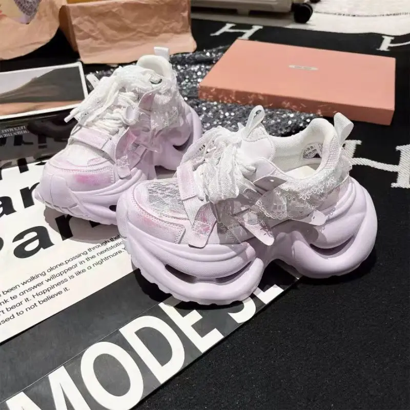 Summer Breathable Hollow out Thick Bottom Woven Real Leather Dad Shoes Women's Casual Sports Sneakers Increased Color Fading
