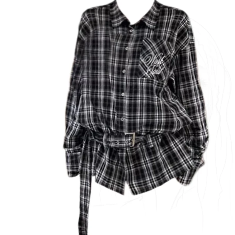 

Vintage Embroidered Checkered Long Sleeved Shirt Women Loose-Fit Slim Layered Collar Jacket Adjustable Waist Cinching Top