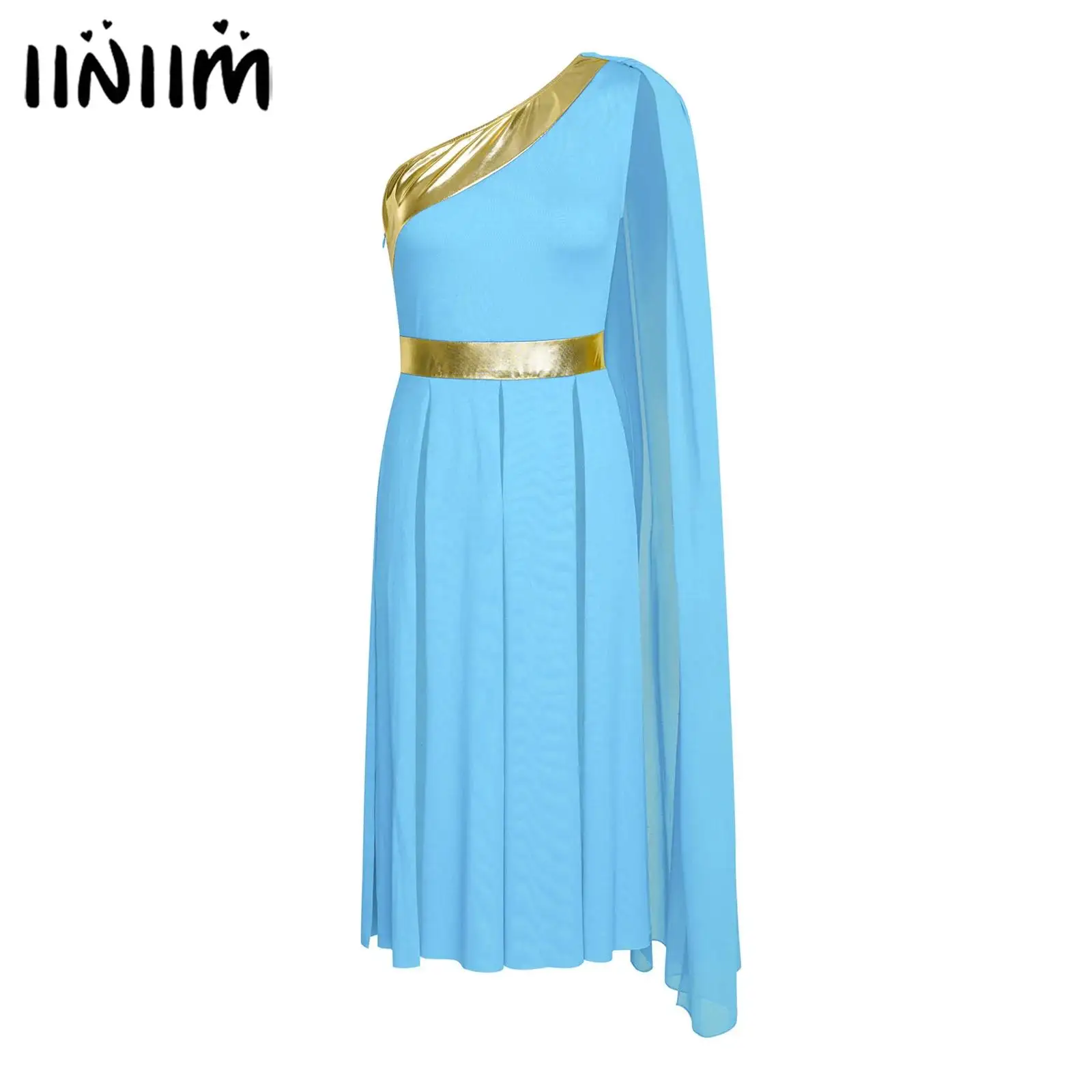 إمرأة غنائي العبادة الثناء الباليه عروض الرقص زي كتف واحد مع ثنى معدني لامع شق هيم تونك فستان #1