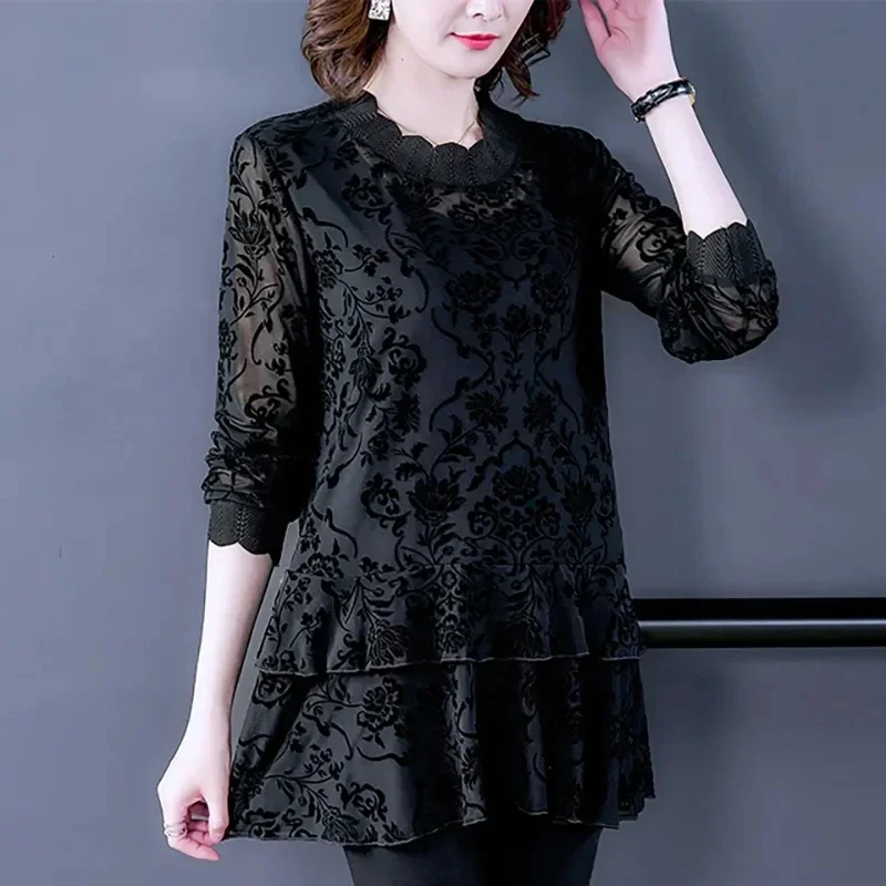 Large Size Black Women Bottom Shirt Spring Autumn Mesh Flocking Pullover Tops Loose Elegant Long Sleeved Mother Shirts E509