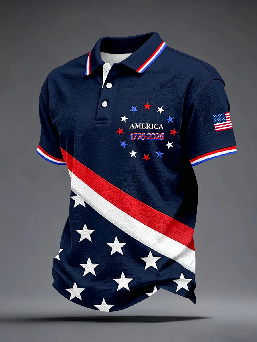 Mens American Flag Print Polo Shirt  