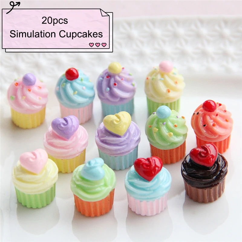 20 stücke Mini-Simulation Herz Cupcakes Kuchen Dessert gefälschte Lebensmittel Ornamente Miniatur Punkt Tasse Kuchen Kawaii DIY Scrap booking Zubehör