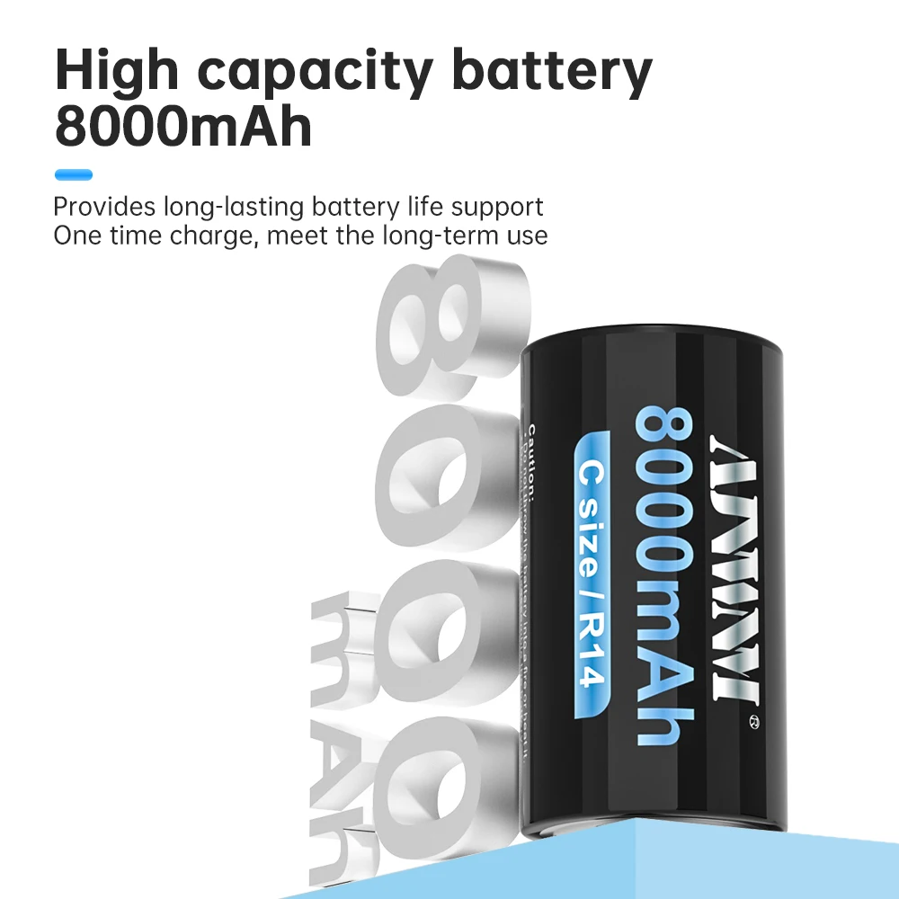 

AJNWNM 1.5v C Size Rechargeable Battery 8000mAh Li-Ion Type C R14 Batteri For Gas Cooker Car Toy Flashlight Radio+ Smart Charger