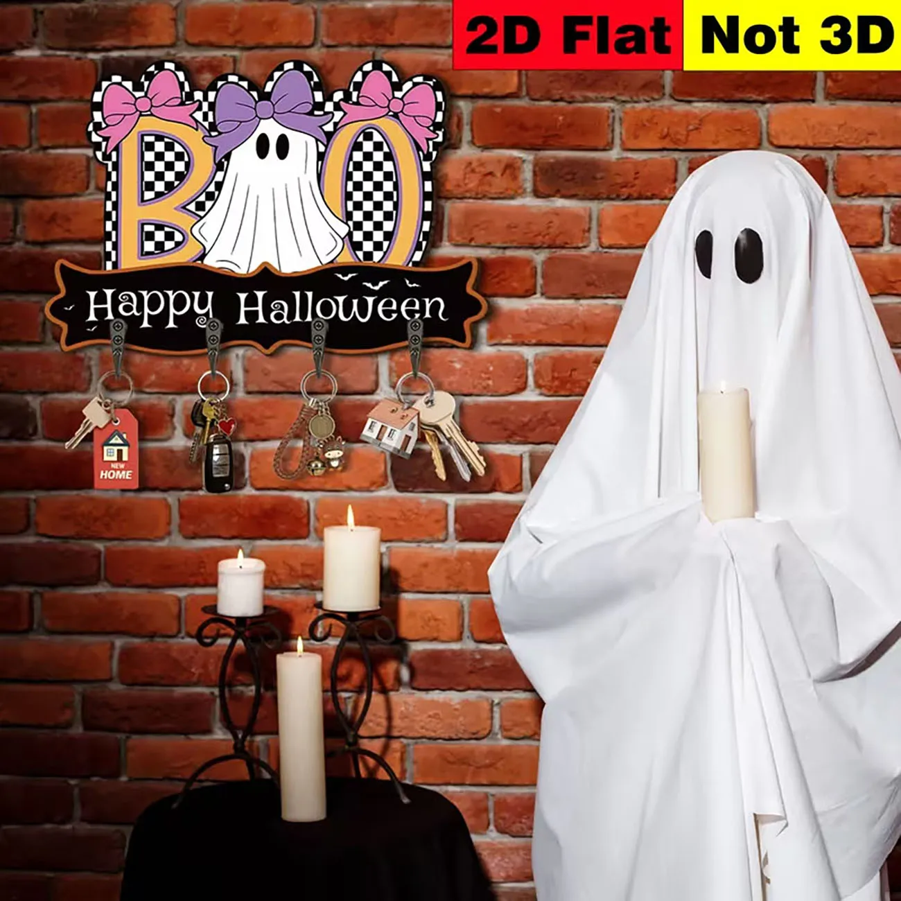 Wooden Halloween Boo Ghost Bow Key Holder Wall Decor 2D Flat Print Wall Mount Key Rack for Entryway Home Decoration