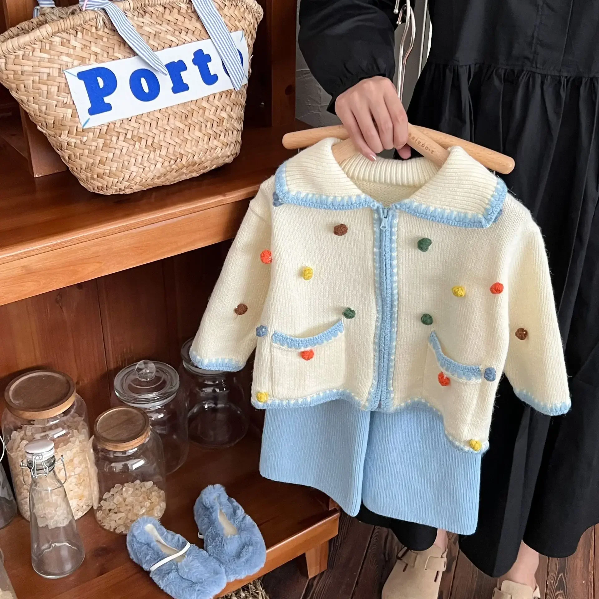 Girl Sweater Autumn 2024 New Knitting Colorful Cardigan Loose Coat Sweet Blue Straight Tube Wide Leg Pants Casual Simple Fashion