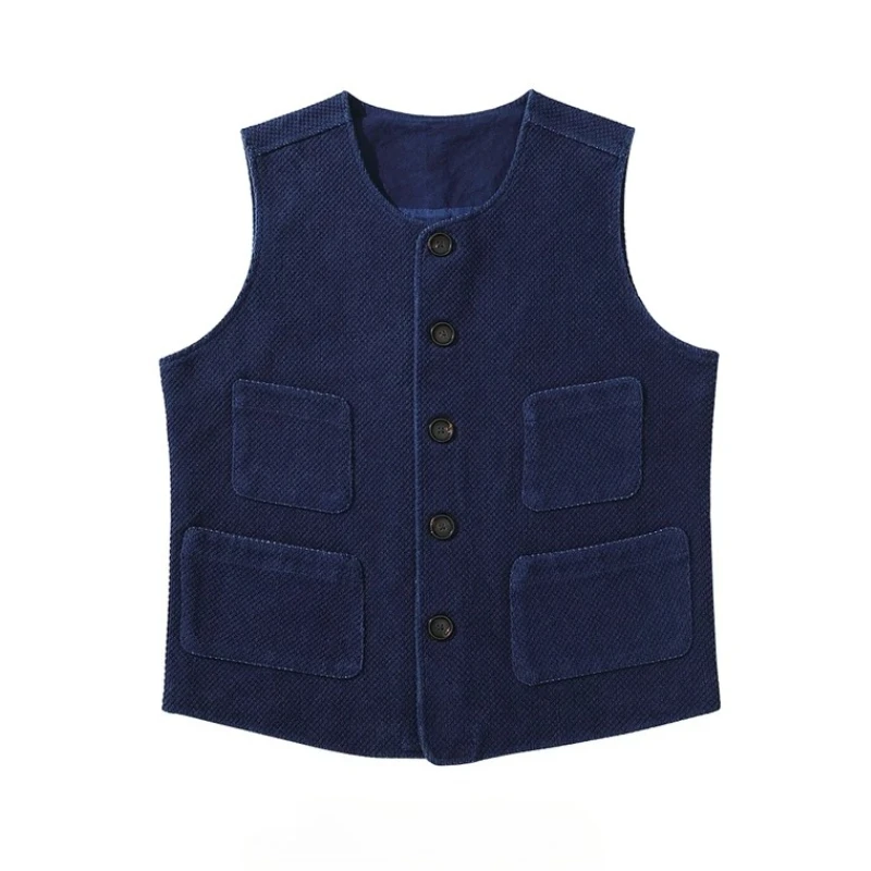 Japanese Retro Indigo Dyed Men's Vest- Kendo Fabric, Multi-Pocket