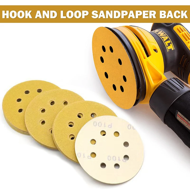 

125mm 5 Inch 8 Holes Yellow Sandpaper, Sanding for Discs Grinder Car Woodworking Metal Grinding Disc Abrasive Polishing Tool