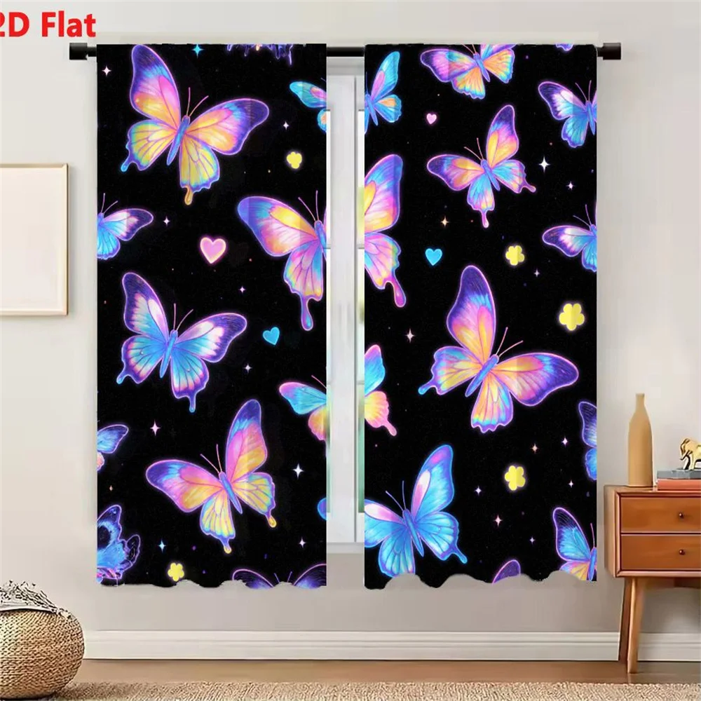 2Pcs Curtains 2D Flat Colorful Butterflies Seamless Pattern With Neon Iridescent Wings Blue Pink Yellow On Black Background Whim