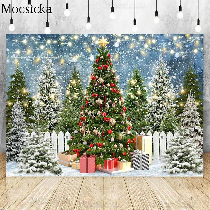 Mocsicka Christmas Tree Backdrops For Photography Winter Frozen Forest Bokeh Snow Snowflakes Family Portrait Photo Background