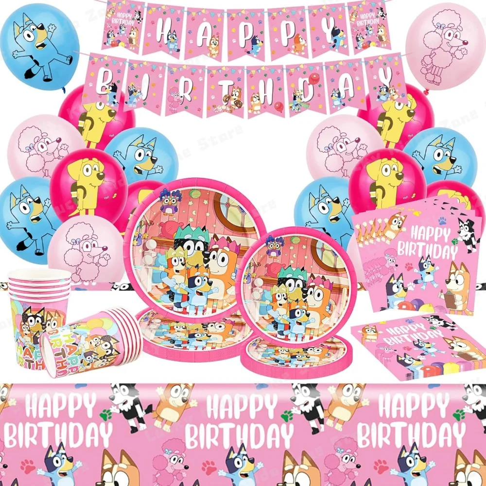 Pink Bluey Birthday Decorations For Kids Latex Aluminum Foil Balloons Bingo Theme Party Event Supplies Disposable Tableware Toys