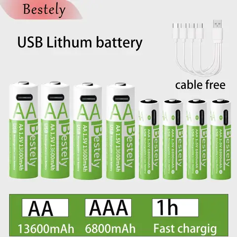 New 1.5V AA 13600mAh+AAA 6800mAh Lithium rechargeable Battery,USB Fast Charging Li-ion Battery , 2000 Cycles with USB- C Cable