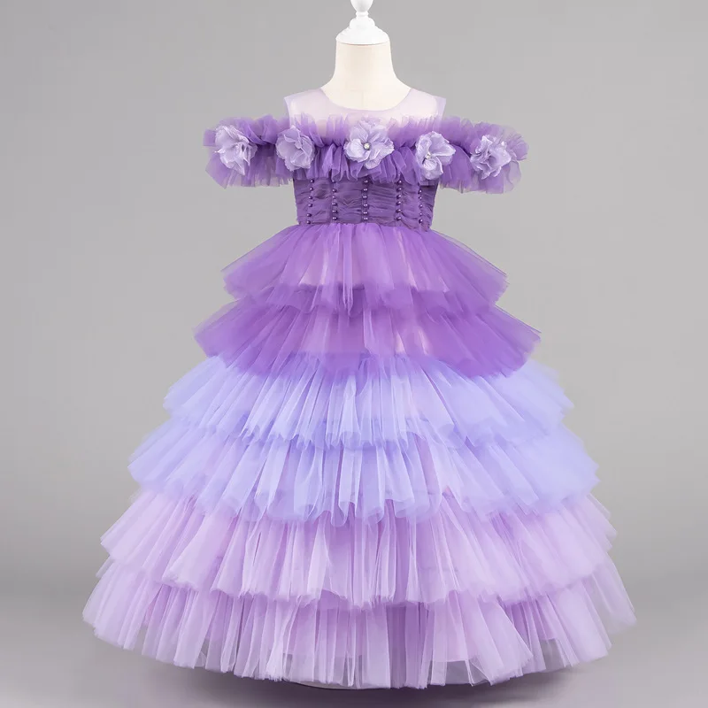 New Elegant Girls Long Evening Layered Dress Flower Girl Party Dresses Child Gradient Clothes 4 to 12T