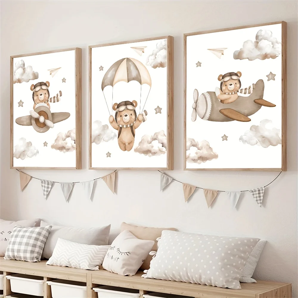 （No Frame 3PCS）-3pcs Art Deco Modern Cartoon Animal Wall Art Prints - Bears, Parachute, Airplane, Stars, Clouds, Frameless, I