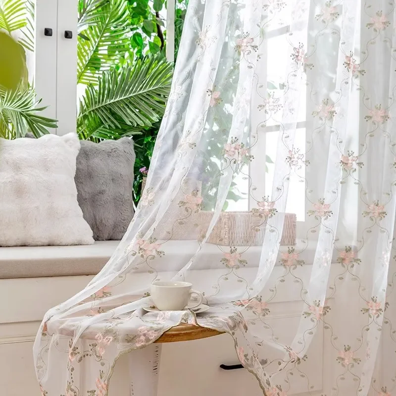 American Pastoral Curtain Gauze Free of Punching Bay Window Balcony Window Screen Floral Fresh Breeze Translucent Gauze Decor