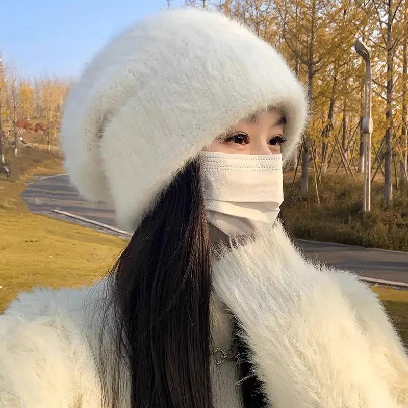 Winter Thick Plush Faux Rabbit Fur Knitted Beanie Women Warm Slouchy Skull Cap for Cold Weather Work Commute