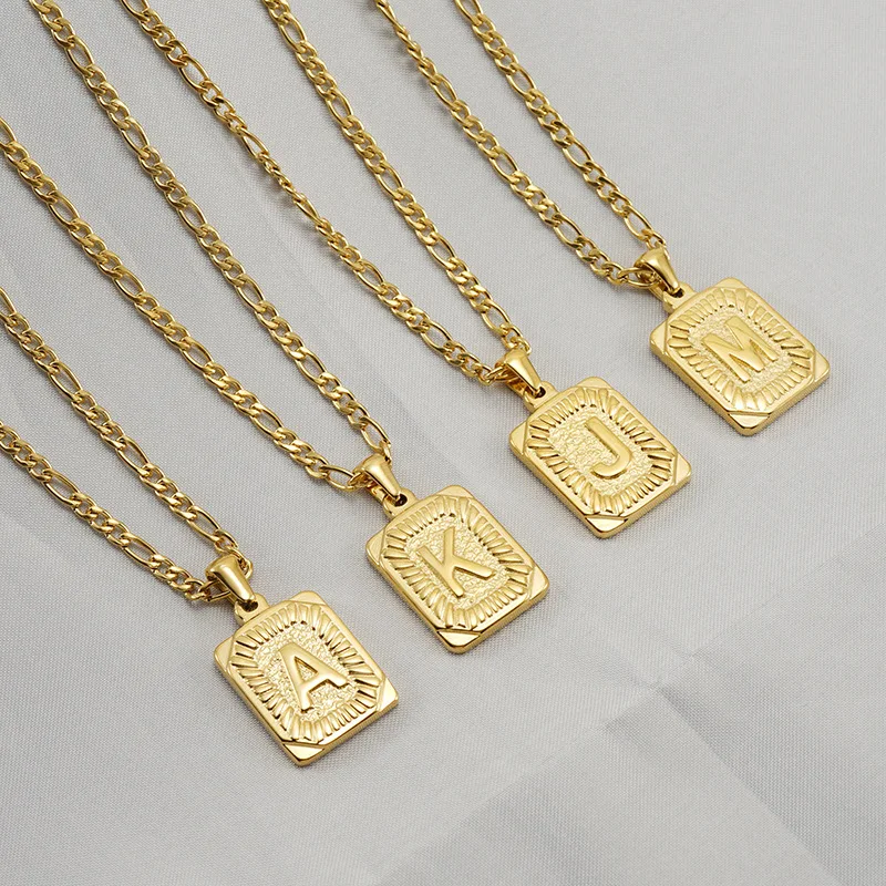 Figaro Chain 18K Gold Plated Stainless Steel 26 Initials Letter Card Pendant Necklace For Women Gift Jewelry Wholesale