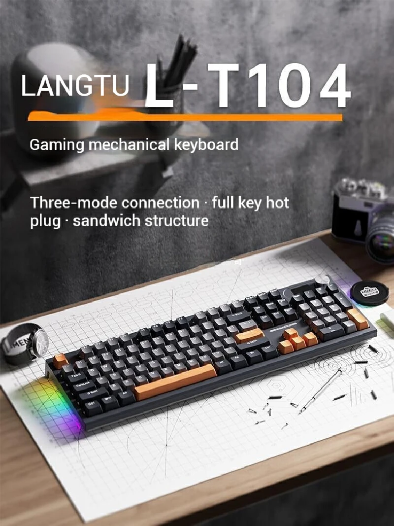 LANGTU LT104 Tri-mode Mechanical Keyboard Wired Wireless Bluetooth Shaft Stand Full Keys Hot Swap RGB Digital Display Gme Office