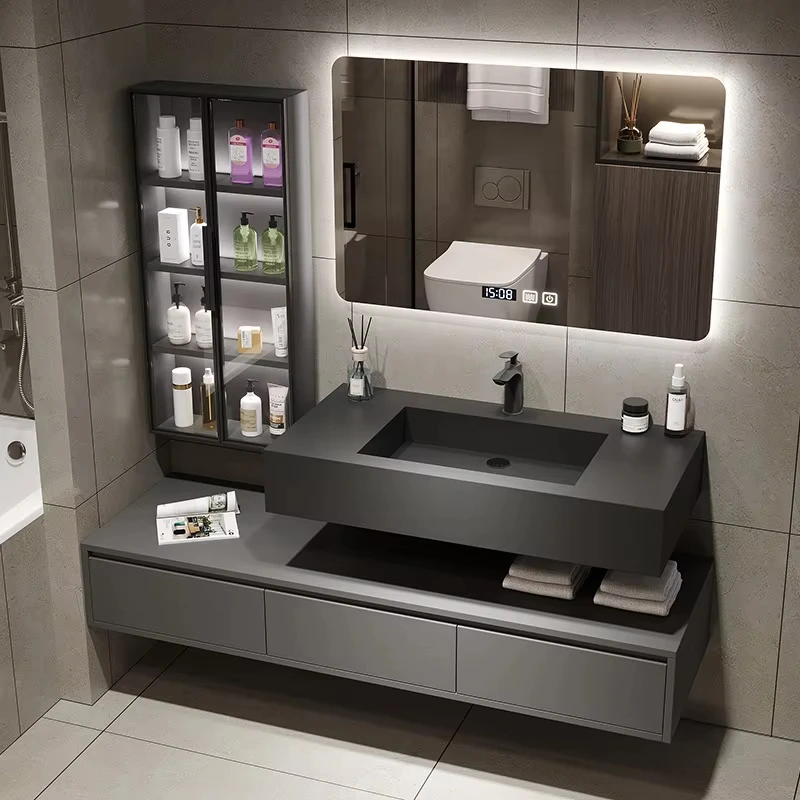 

Modern Luxury Bathroom Vanity Cabinet with Side Cabinet Rock Ceramic Basin Trendy Furniture Display Gabinete for Bathrooms