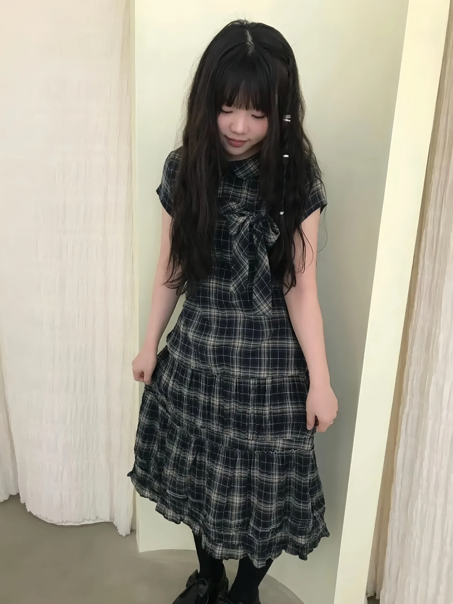 

Coyseio Plaid Knot Belted irt f Skirt Doll Collar Set Korean Sle ort Sve Casual Loose Fit Regular Length