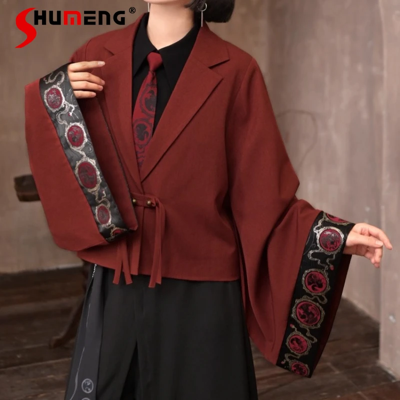 

New Chinese Style Han Element Large Sleeves Jacket Ladies National Tassel Short Red Blazer Gold Weaving Coat Women's Clothing