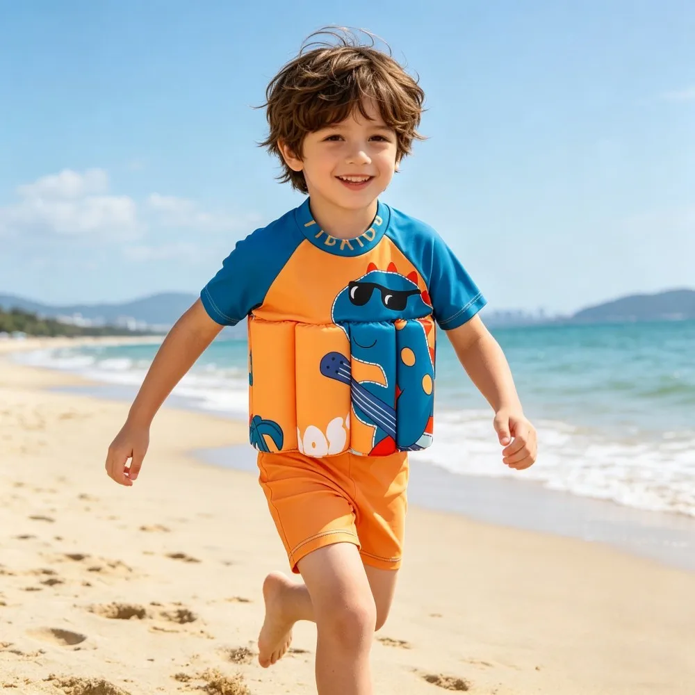 Children Boys Dinosaur Pattern Float Swimsuit Floating Short Sleeve UV Protective Toddler Swimming Learning Wear Bathing Suits