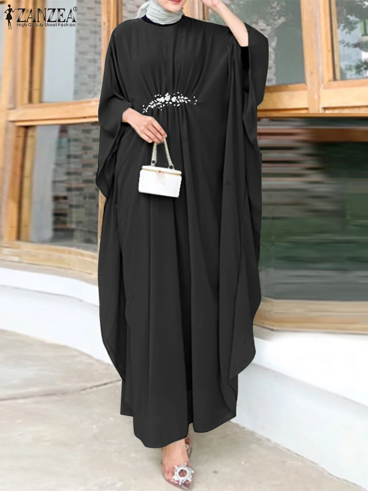 

ZANZEA Bat Sleeve Elegant Maxi Dresses Muslim Fashion Cinch Waist Lace Detail Women Draped Dress O Neck Islamic Party Abaya Robe