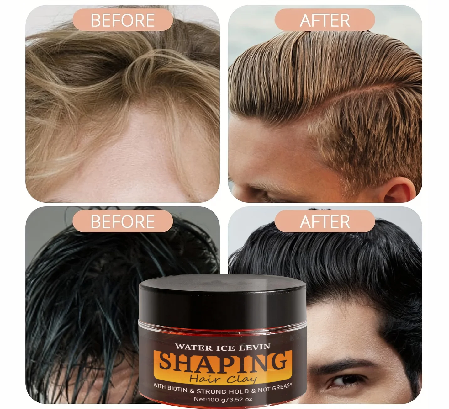 Biotin & Keratin Shaping Hair Clay, Strong Hold & Not Greasy Styling Clay with Rosemary Oil 100g