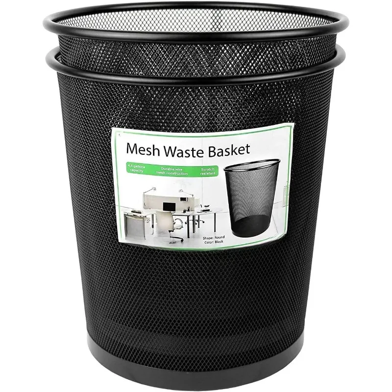 Small Trash Cans for Home or Office, 2-Pack, 4.5 Gallon Black Mesh Round Trash Cans - Desk Trash Can - Lightweight