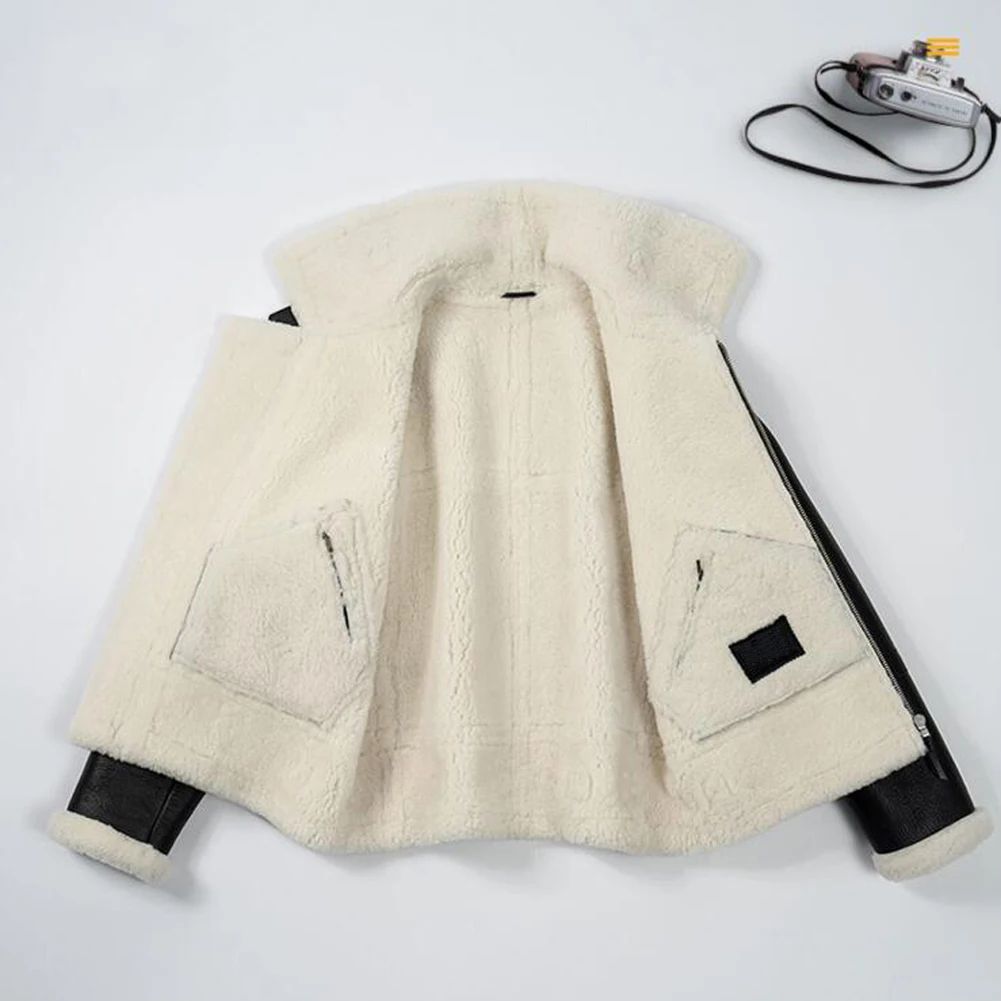 Denny&Dora Men's Shearling Jacket Imported Merino Sheepskin Jacket Black Leather Jacket