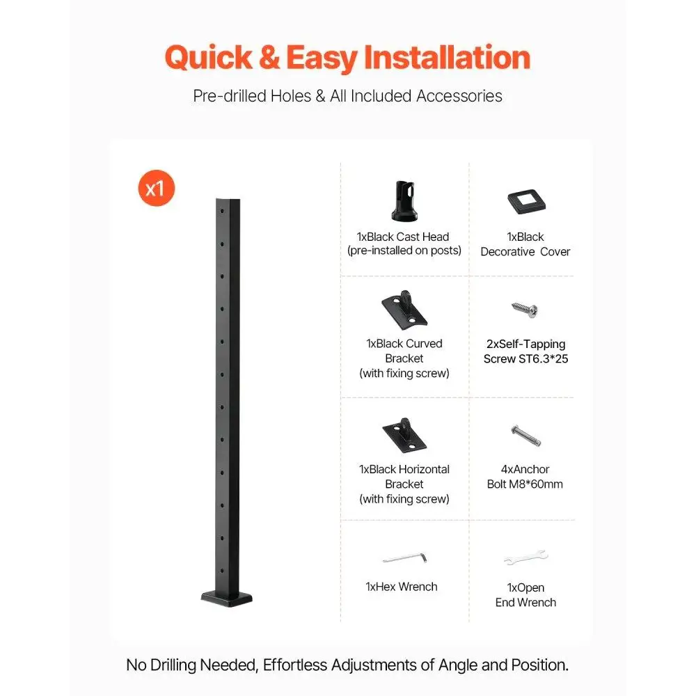 Stainless Steel Railing Post Kit for Level Deck and Stairs 42x2x2 Inch Pre-Drilled Handrail with Mounting Bracket Black Finish