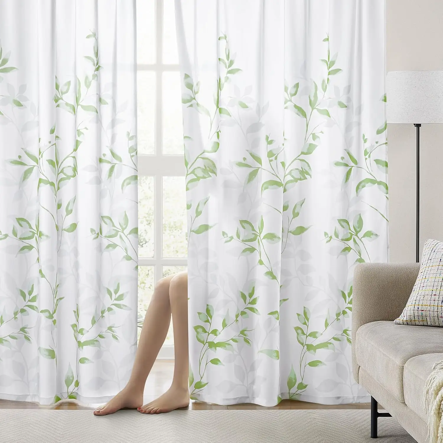 Green and White Privacy Sheer Curtains Length 2 Panels,Leaf Floral Printed Light Filtering Semi Sheer Window Curtains Drapes for