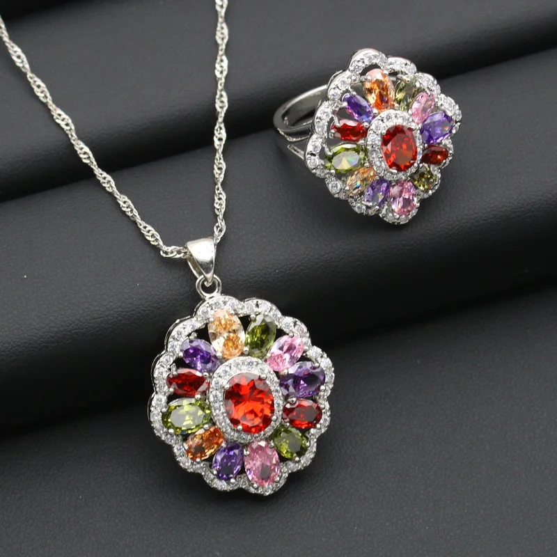 Fashion Mult-Color Stone Silver Color Jewelry Sets For Women Drop Earrings Bracelet Pendant Ring  Gift Free Gift Box