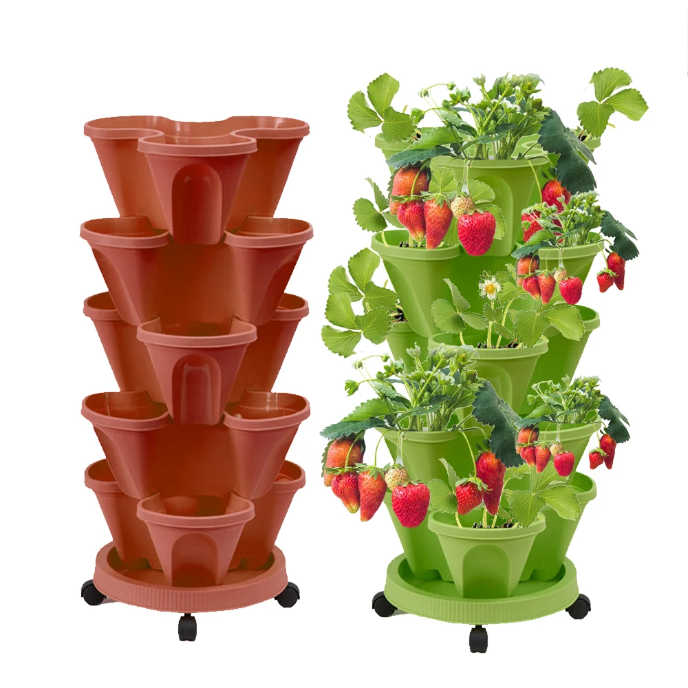 Stackable Vertical Flower Pot Plastic Multi-layer Garden Planter Tower with Movable Casters Strawberry Seedling Frame Decoration