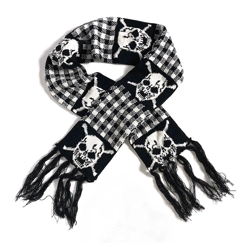 Punk Harajuku Japan Scarf Gothic Y2k Hot Girl Subculture Skull Scarves Warm Knit Scarf Black White Winter Scarves