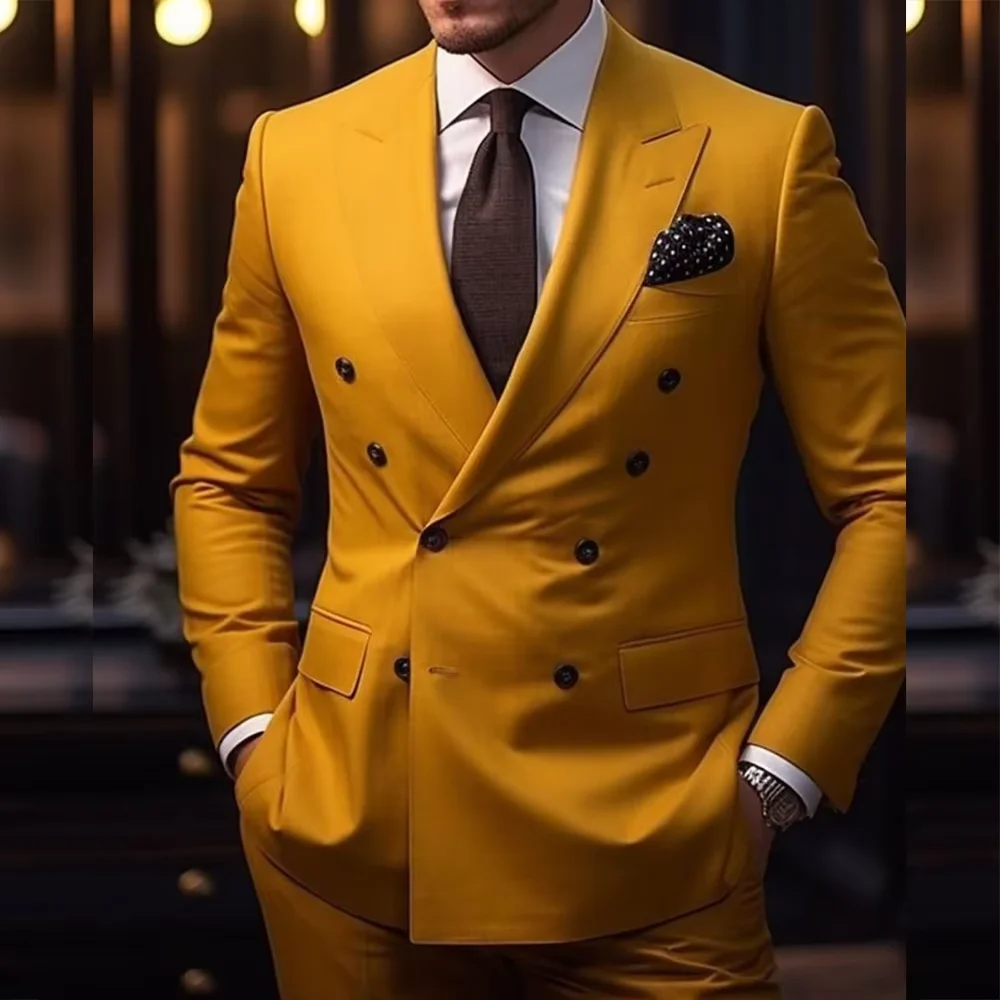 

Chic Yellow Suits for Men 2 Piece Jacket Pants Sets Elegant Double Breasted Peak Lapel Slim Fit Male Clothing High Quality Sets