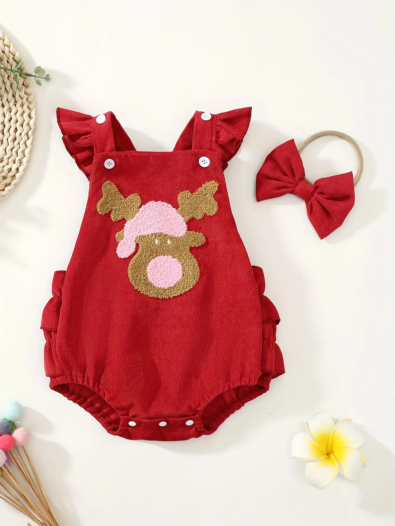 Christmas Deer Towel Embroidery Pattern Baby Girl Romper Triangle Clothes with Butterfly Knot Headband Infant Outfit