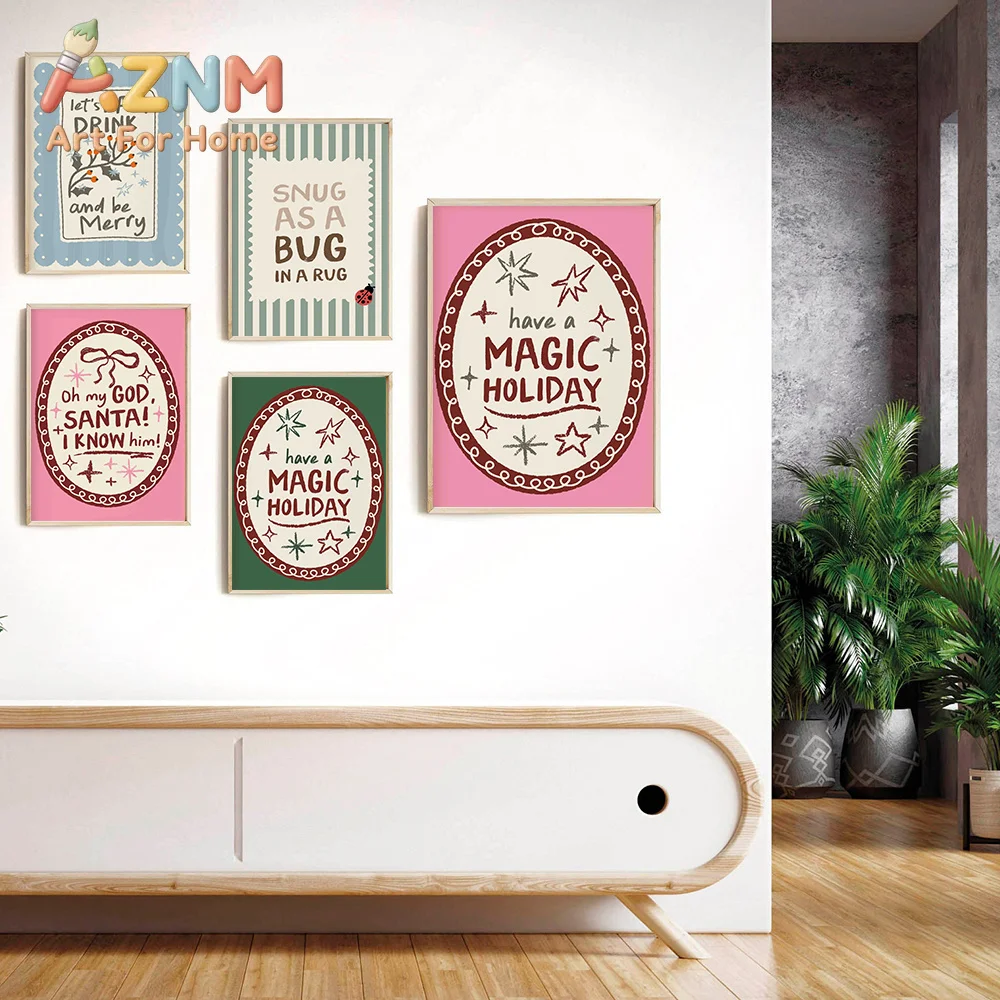 Minimalist Pink Merry Magic Holiday Quotes Canvas Print Wall Art Posters for Modern Christmas Warm Home Decor Painting Pictures