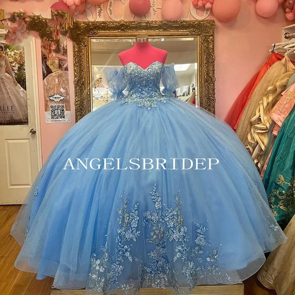 

Angelsbridep Sky Blue Sweet 16 Ball Gowns Quinceanera Dress Off Shoulder Appliques Sequins Princess Party Vestidos De 15 Años